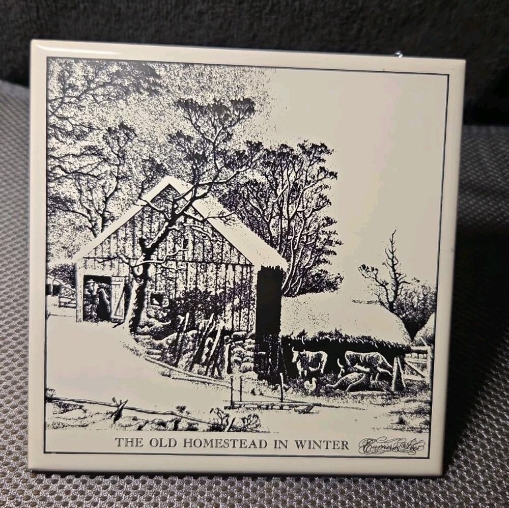 Currier and Ives Art Tile Wall Trivet Americana Winter Scene The Old Homestead